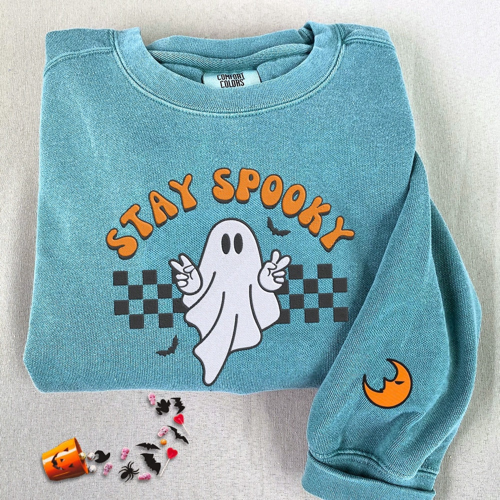 Eembroidered Custom Sweatshirts, Embroidered Ghost Stay Spooky Halloween Sweatshirt, Christmas Gift