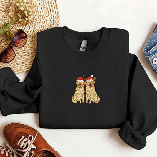 Eembroidered Custom Sweatshirts, Embroidered Golden Retriever Christmas Sweatshirt, 2D Crewneck Sweater For Family, Christmas Gift