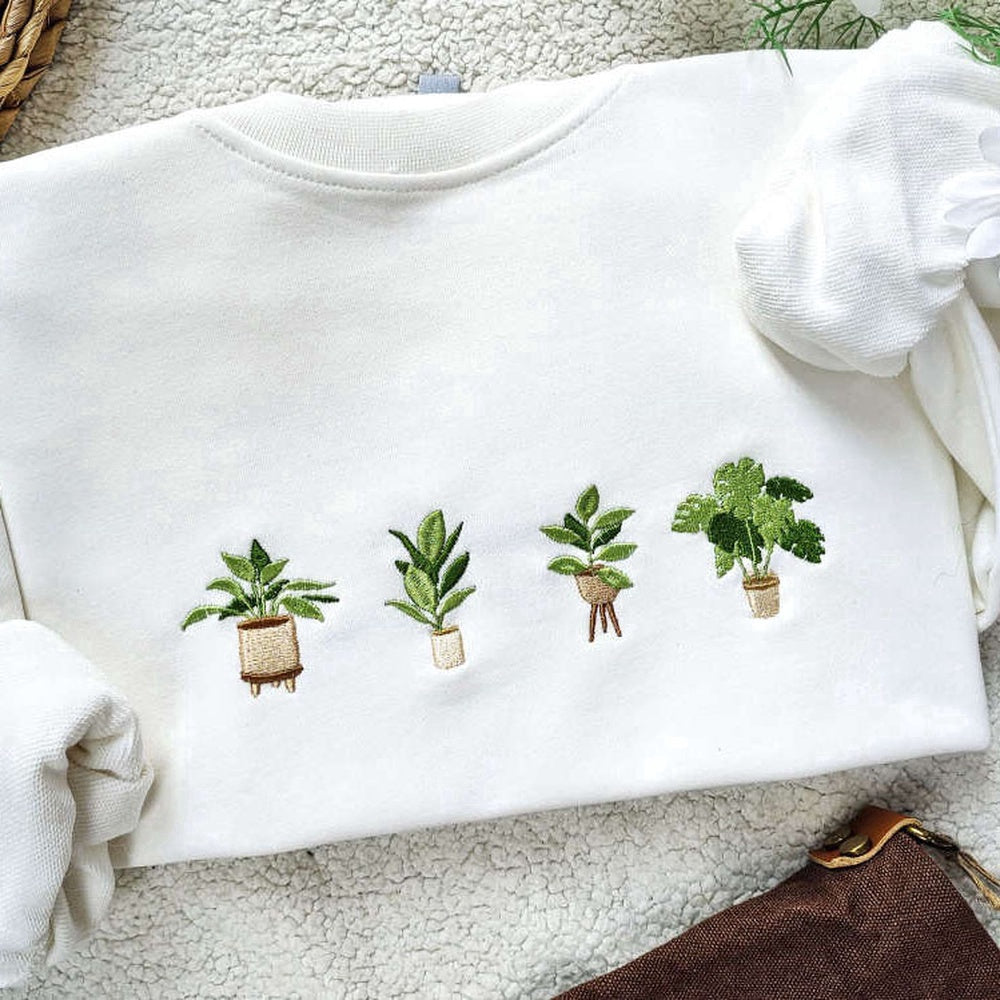 Eembroidered Custom Sweatshirts, Embroidered Green Potted Plant Sweatshirt, Indoor Plant Gift For Her, Nature Lover Gift, Christmas Gift