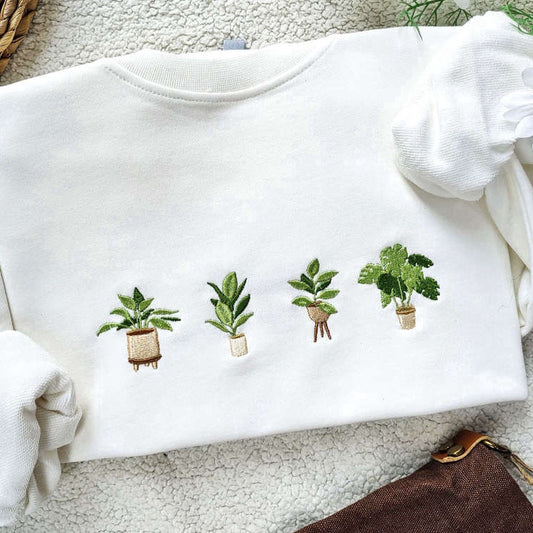 Eembroidered Custom Sweatshirts, Embroidered Green Potted Plant Sweatshirt, Indoor Plant Gift For Her, Nature Lover Gift, Christmas Gift