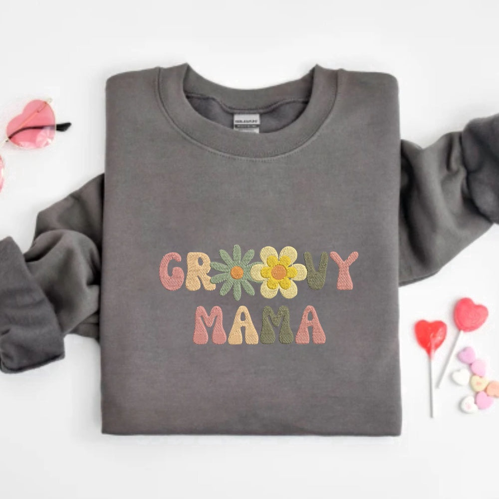 Eembroidered Custom Sweatshirts, Embroidered Groovy Mama Sweatshirt, Custom Mama With Flower Sweatshirt, Gift Idea For Mom, Christmas Gift