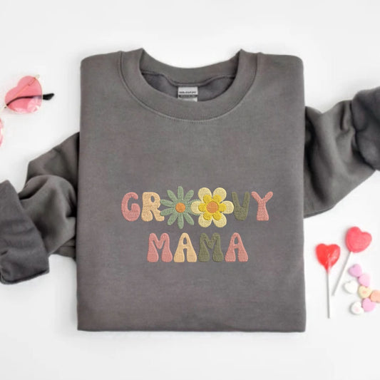 Eembroidered Custom Sweatshirts, Embroidered Groovy Mama Sweatshirt, Custom Mama With Flower Sweatshirt, Gift Idea For Mom, Christmas Gift