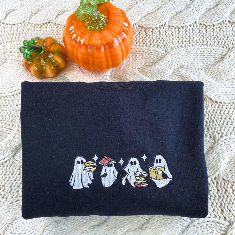 Eembroidered Custom Sweatshirts, Embroidered Halloween Ghost Book Lover 2 Sweatshirt, Christmas Gift
