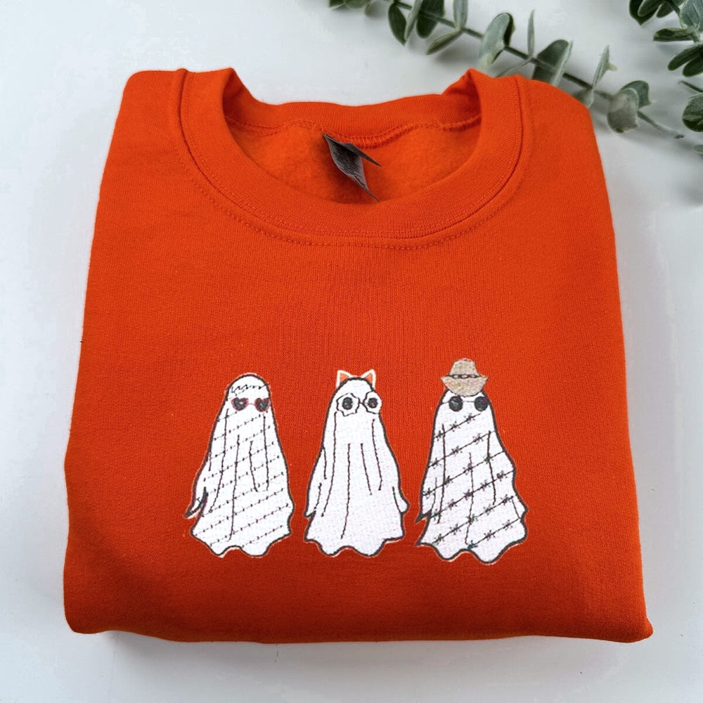 Eembroidered Custom Sweatshirts, Embroidered Halloween Sweatshirt, Three Ghost Sweatshirt For Women Men, Christmas Gift