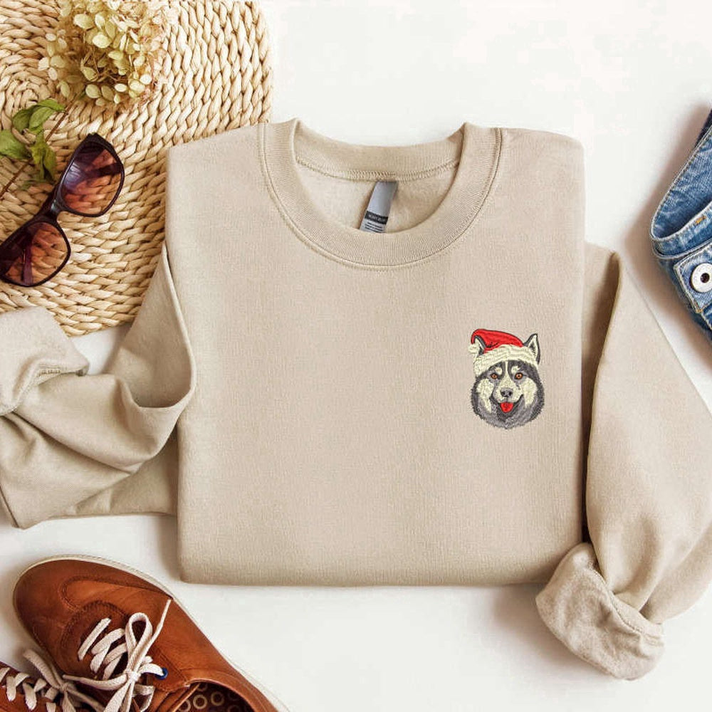 Eembroidered Custom Sweatshirts, Embroidered Husky Sibir Dog Christmas Sweatshirt, Sweatshirt For Family, Christmas Gift