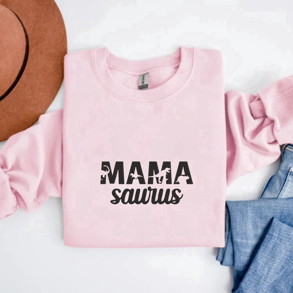 Eembroidered Custom Sweatshirts, Embroidered Mama Saurus Sweatshirt, Mama Sweatshirt, Funny Gift For Mom On Mother'S Day, Christmas Gift