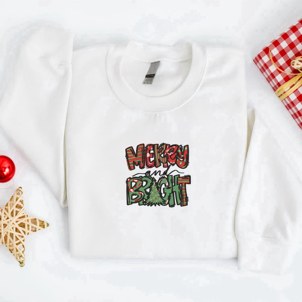 Eembroidered Custom Sweatshirts, Embroidered Merry And Bright Christmas Sweatshirt For Men And Women, Christmas Gift