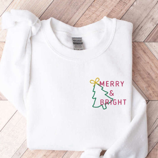 Eembroidered Custom Sweatshirts, Embroidered Merry And Bright Christmas Tree Sweatshirt, Gift For Christmas, Christmas Gift
