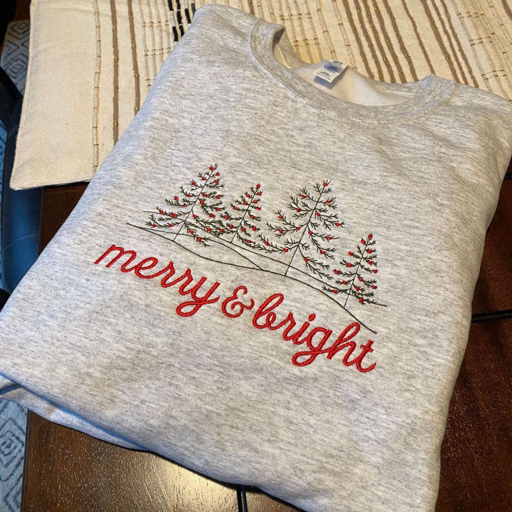 Eembroidered Custom Sweatshirts, Embroidered Merry & Bright Christmas Crewneck Sweatshirt, Gift For Christmas, Christmas Gift