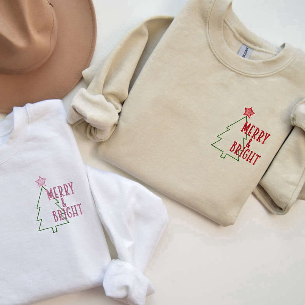 Eembroidered Custom Sweatshirts, Embroidered Merry & Bright Crewneck, For Family, Christmas Gift