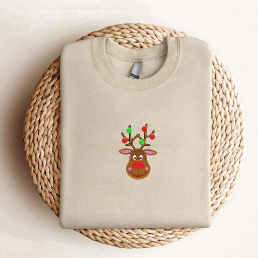 Eembroidered Custom Sweatshirts, Embroidered Reindeer Christmas Sweatshirt 2D Crewneck Sweatshirt For Christmas, Christmas Gift