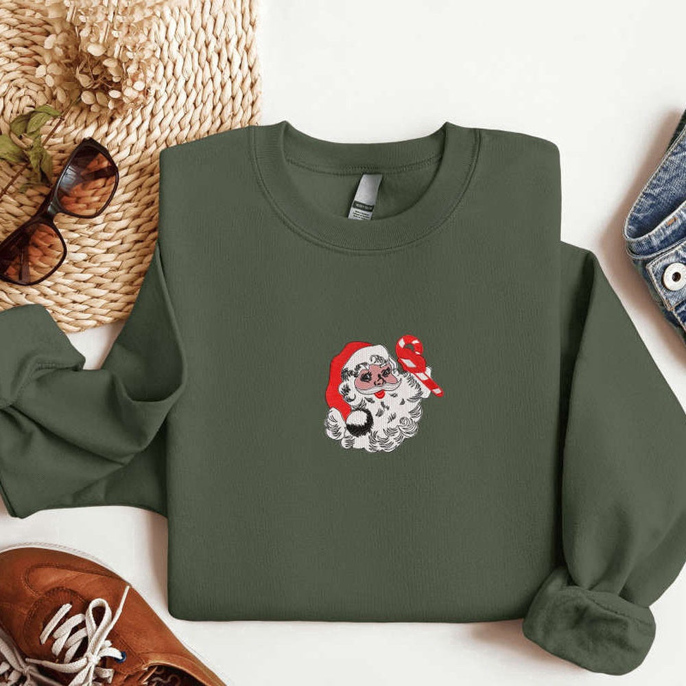 Eembroidered Custom Sweatshirts, Embroidered Retro Santa Christmas Sweatshirt 2D Crewneck Sweater For Family, Christmas Gift