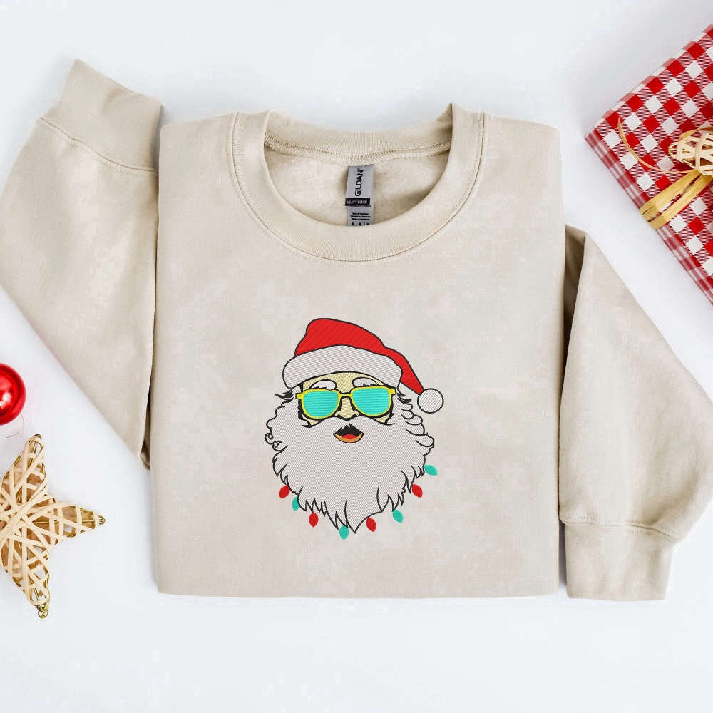 Eembroidered Custom Sweatshirts, Embroidered Retro Santa Sweatshirt, Santa With Sunglasses Sweatshirt For Family, Christmas Gift