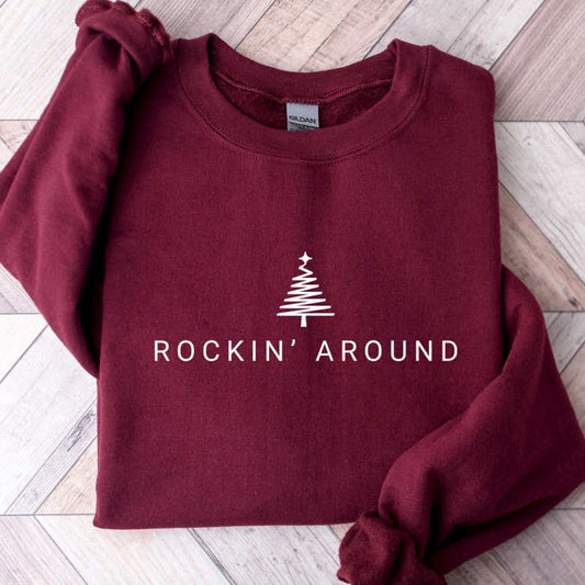 Eembroidered Custom Sweatshirts, Embroidered Rockin' Around The Christmas Tree Sweatshirt, Merry Xmas Shirt Gift, Christmas Gift
