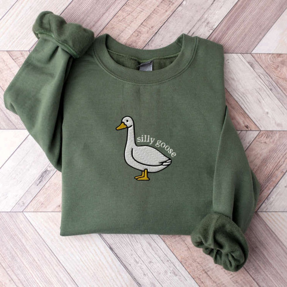 Eembroidered Custom Sweatshirts, Embroidered Silly Goose Sweatshirt, Embroidered Goose Crewneck Sweatshirt For Family, Christmas Gift