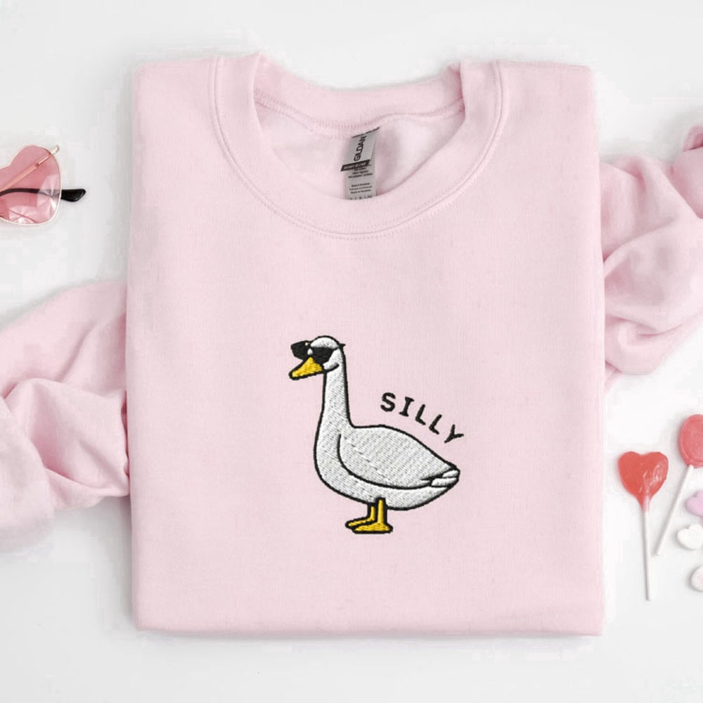 Eembroidered Custom Sweatshirts, Embroidered Silly Goose Sweatshirt, Goose Sunglasses Crewneck Sweatshirt For Family, Christmas Gift