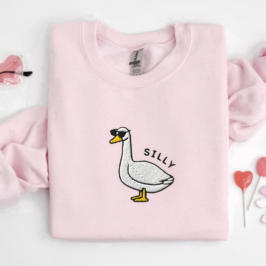 Eembroidered Custom Sweatshirts, Embroidered Silly Goose Sweatshirt, Goose Sunglasses Crewneck Sweatshirt For Family, Christmas Gift