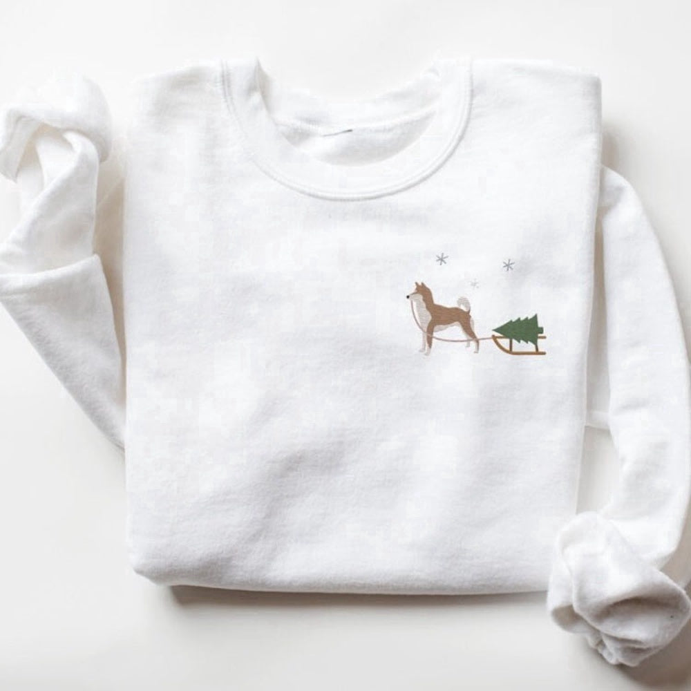 Eembroidered Custom Sweatshirts, Embroidered Sweatshirt, Shiba Inu Harvesting A Christmas Tree For Christmas, Christmas Gift