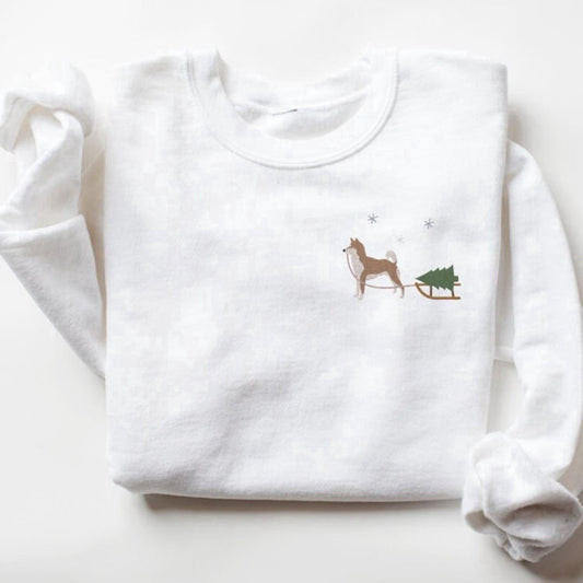 Eembroidered Custom Sweatshirts, Embroidered Sweatshirt, Shiba Inu Harvesting A Christmas Tree For Christmas, Christmas Gift