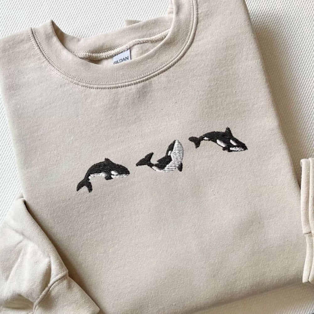 Eembroidered Custom Sweatshirts, Embroidered Trio Of Orcas Sweatshirt, Embroidered Orcas Sweatshirt For Family, Christmas Gift