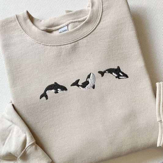 Eembroidered Custom Sweatshirts, Embroidered Trio Of Orcas Sweatshirt, Embroidered Orcas Sweatshirt For Family, Christmas Gift