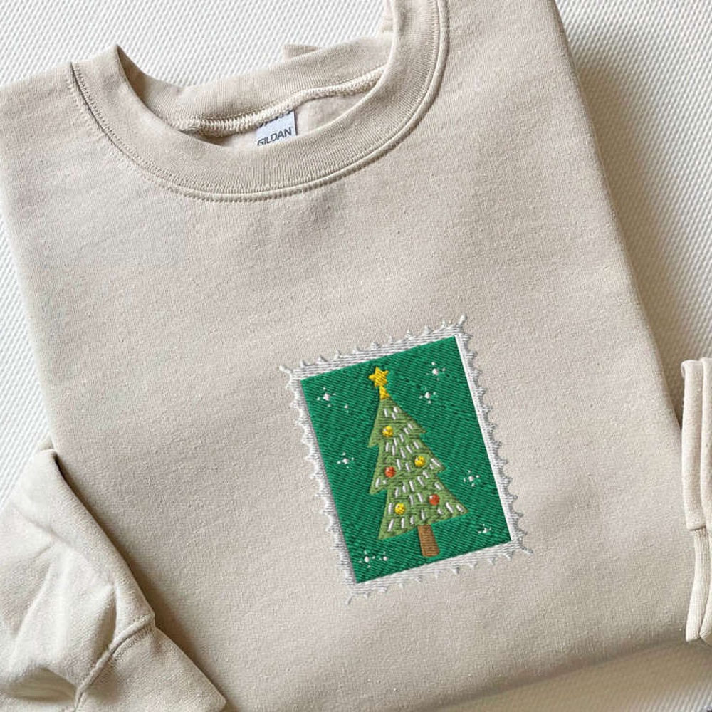 Eembroidered Custom Sweatshirts, Embroidered Vintage Christmas Tree Stamp Sweatshirt, Gift For Christmas, Christmas Gift
