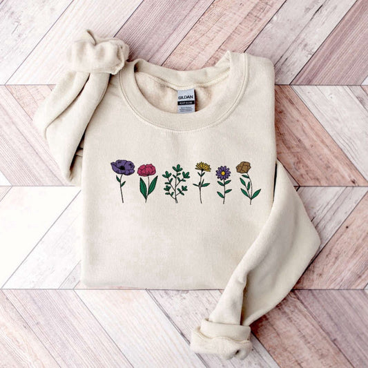 Eembroidered Custom Sweatshirts, Embroidered Wildflower Sweatshirt, Botanical Sweatshirt, Gift For Mom, Christmas Gift