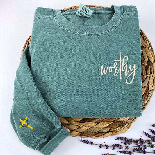 Eembroidered Custom Sweatshirts, Embroidered Worthy Sweatshirt, I Deserve My Desires On Sleeve, Christmas Gift