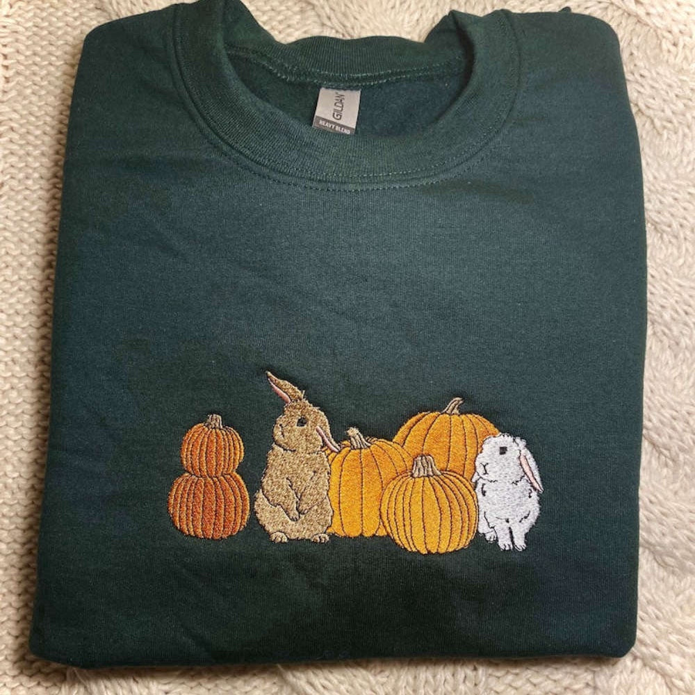 Eembroidered Custom Sweatshirts, Fall Bunny Embroidered Sweatshirt 2D Crewneck Sweatshirt For Men And Women, Christmas Gift