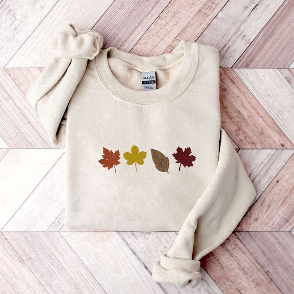 Eembroidered Custom Sweatshirts, Fall Leaves Embroidered Sweatshirt 2D Crewneck Sweatshirt For Family, Christmas Gift