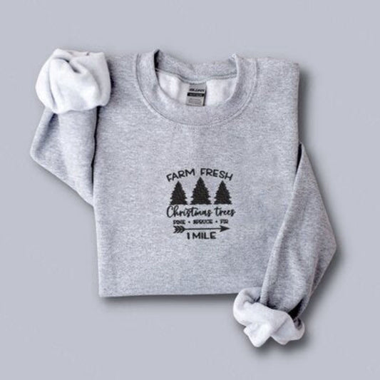 Eembroidered Custom Sweatshirts, Farm Fresh Christmas Trees Embroidered Sweatshirt 2D Crewneck Sweatshirt For Family, Christmas Gift