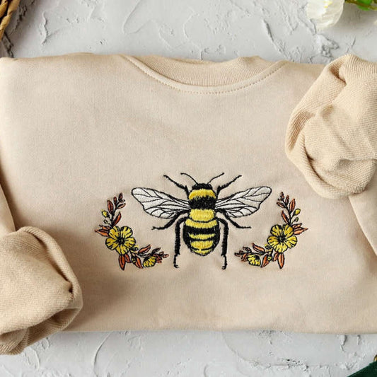 Eembroidered Custom Sweatshirts, Floral Bee Embroidered Sweatshirt 2D Crewneck Sweatshirt For Men Women, Christmas Gift