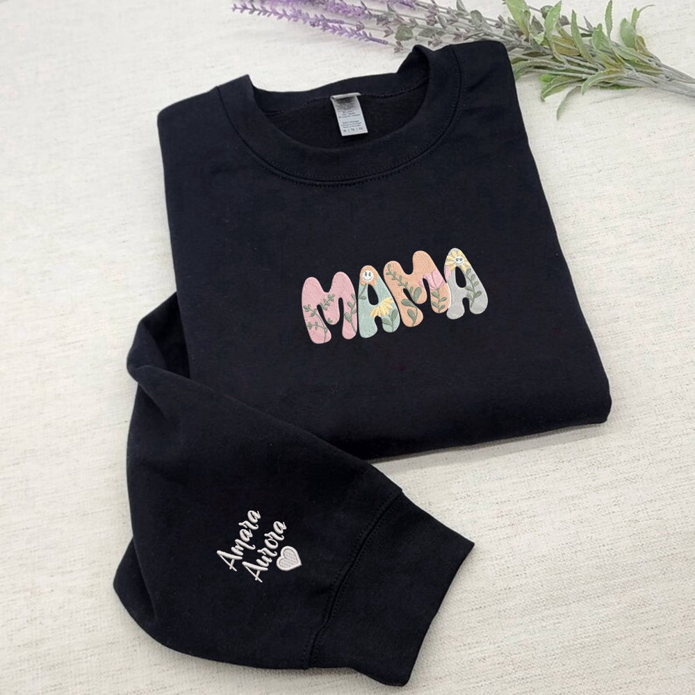 Eembroidered Custom Sweatshirts, Flower Mama Embroidered Sweatshirt With Kids Name On Sleeve, Mama Gift Ideas, Christmas Gift