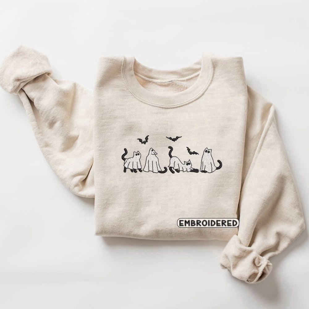 Eembroidered Custom Sweatshirts, Ghost Cats Embroidered Sweatshirt 2D Crewneck Sweatshirt Gift For Family, Christmas Gift