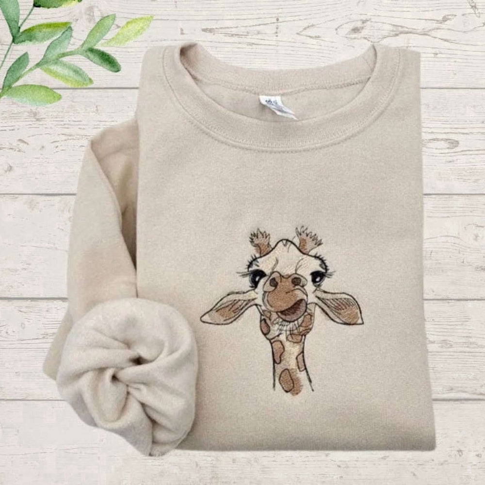 Eembroidered Custom Sweatshirts, Giraffe Embroidered Sweatshirt 2D Crewneck Sweatshirt For Women And Men, Christmas Gift