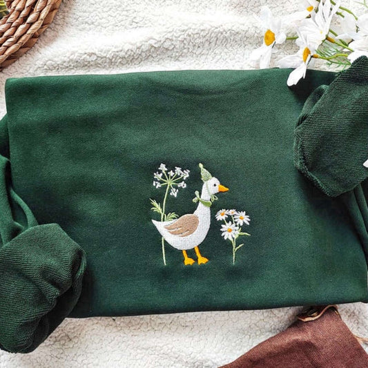 Eembroidered Custom Sweatshirts, Goose And Daisy Embroidered Sweatshirt 2D Crewneck Sweatshirt Gift For Family, Christmas Gift