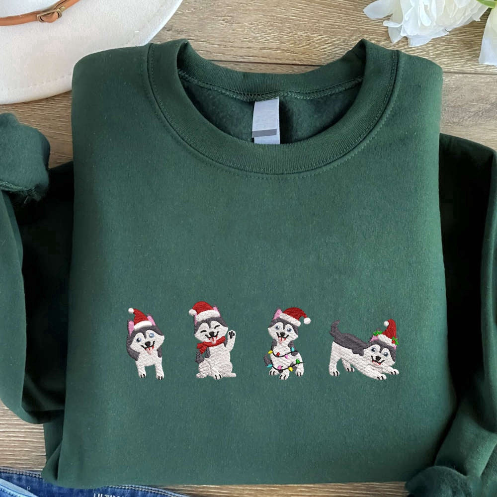 Eembroidered Custom Sweatshirts, Husky Christmas Embroidered Sweatshirt, Dogs Embroidered Sweatshirt, Dog Lover Gift, Christmas Gift