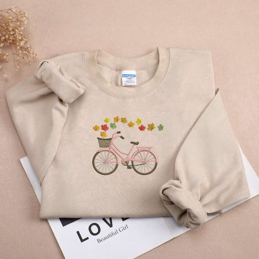 Eembroidered Custom Sweatshirts, Leaves And Bicycle Embroidered Sweatshirt 2D Crewneck Sweatshirt For Men And Women, Christmas Gift