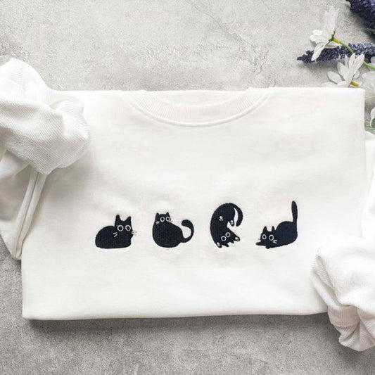 Eembroidered Custom Sweatshirts, Lovely Black Cat Embroidered Sweatshirt Crewneck Sweatshirt Gift For Family, Christmas Gift