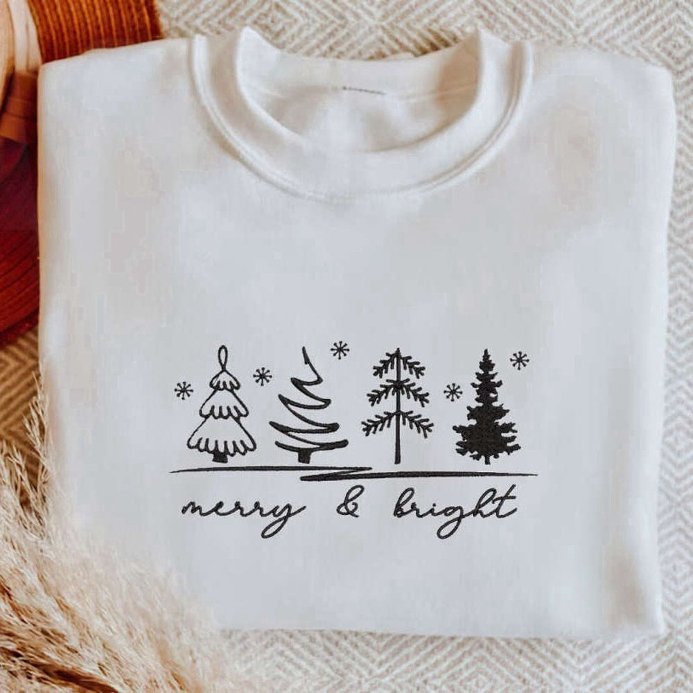 Eembroidered Custom Sweatshirts, Merry & Bright Christmas Trees Sweatshirt, Christmas Sweatshirt For Womens, Christmas Gift