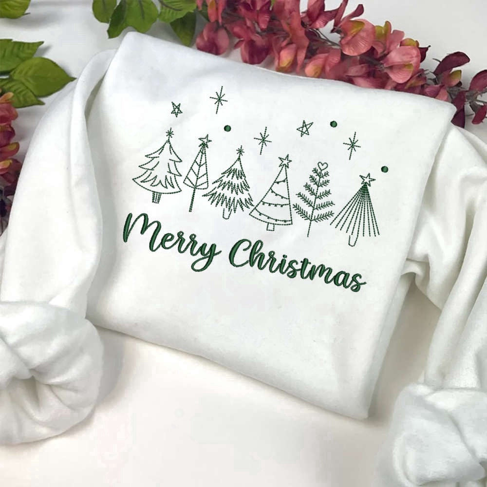 Eembroidered Custom Sweatshirts, Merry Christmas Tree Machine Embroidery Sweatshirt, Best Gift For Christmas, Christmas Gift