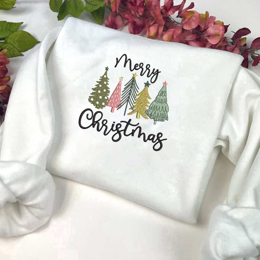 Eembroidered Custom Sweatshirts, Merry Christmas Trees Machine Embroidery Sweatshirt, Best Gift For Christmas, Christmas Gift