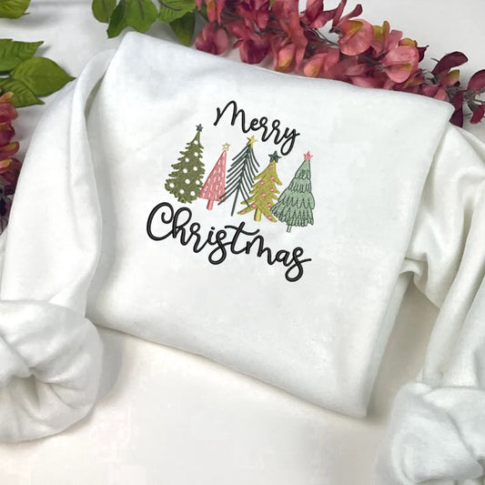 Eembroidered Custom Sweatshirts, Merry Christmas Trees Machine Embroidery Sweatshirt, Best Gift For Christmas, Christmas Gift