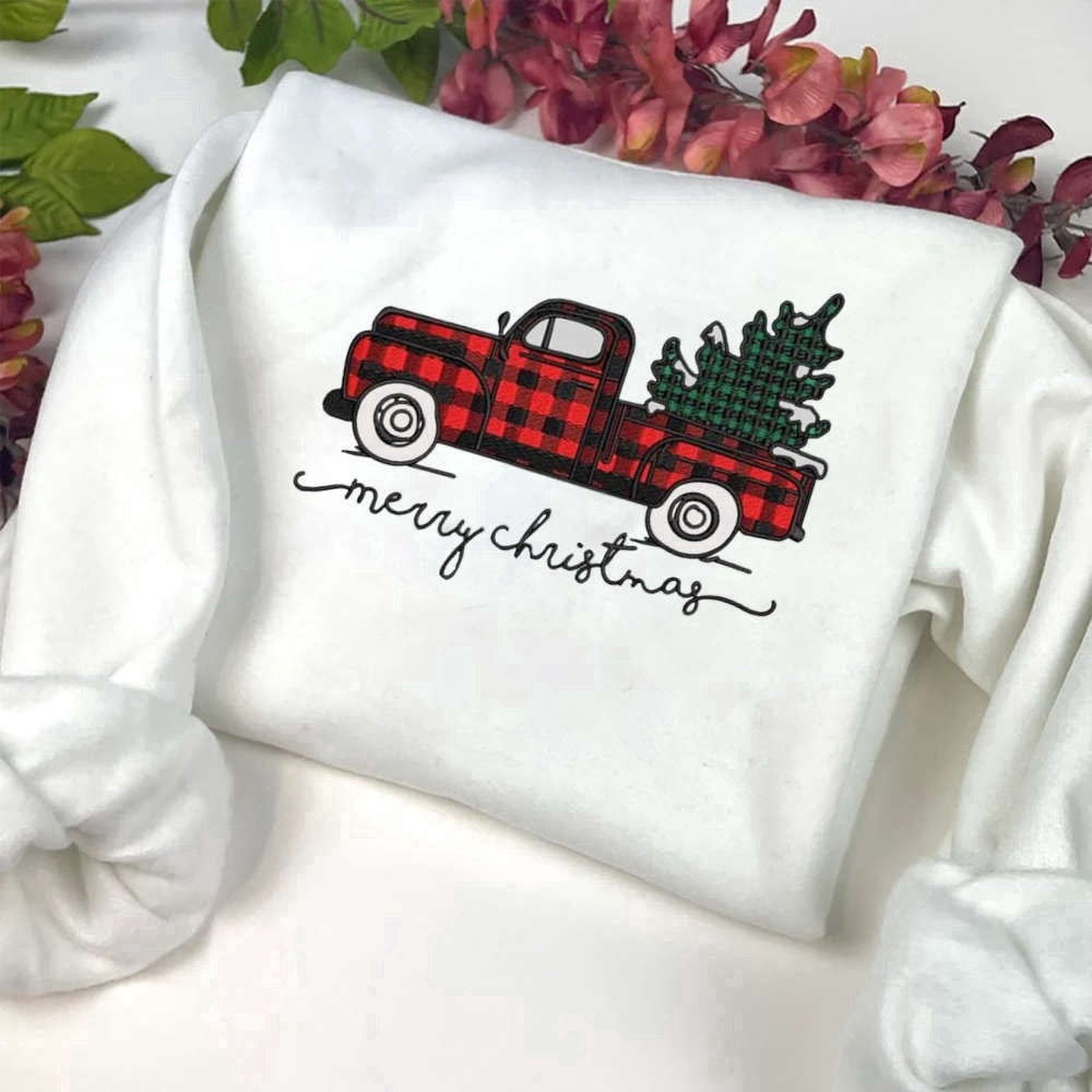 Eembroidered Custom Sweatshirts, Merry Christmas Truck Embroidery Sweatshirt, Xmas Truck With Tree Dst Sweatshirt For Family, Christmas Gift