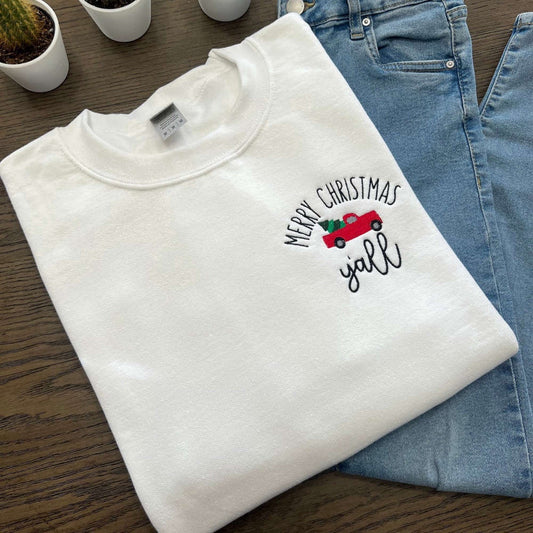 Eembroidered Custom Sweatshirts, Merry Christmas Y'All Embroidered Sweatshirt, Best Gift For Christmas 2024, Christmas Gift