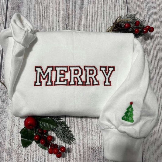 Eembroidered Custom Sweatshirts, Merry Embroidered Crewneck, Christmas Tree Cuff Embroidery, Christmas Gifts, Christmas Gift