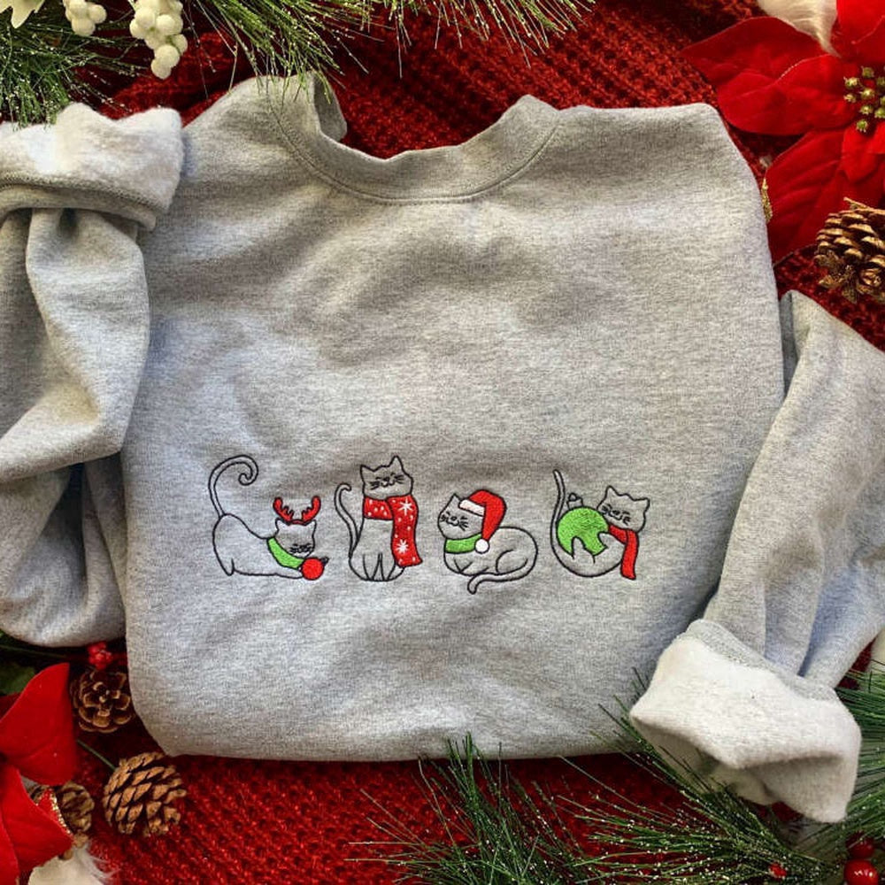 Eembroidered Custom Sweatshirts, Merry Meows Embroidered Unisex Sweatshirt, Christmas Cat Sweatshirt For Cat Lover, Christmas Gift