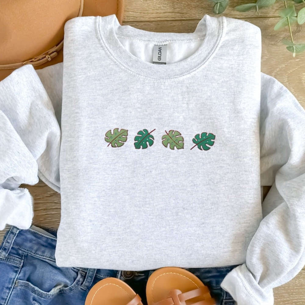 Eembroidered Custom Sweatshirts, Monstera Leaves Embroidered Sweatshirt 2D Crewneck Sweatshirt Best Gift For Family, Christmas Gift