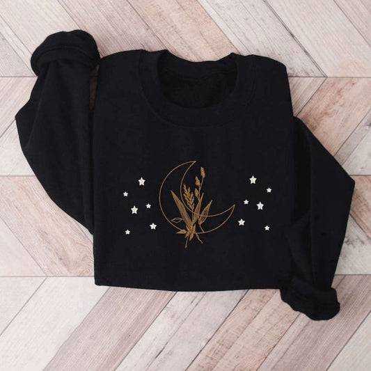 Eembroidered Custom Sweatshirts, Moon And Stars Embroidered Sweatshirt 2D Crewneck Sweatshirt For Family, Christmas Gift