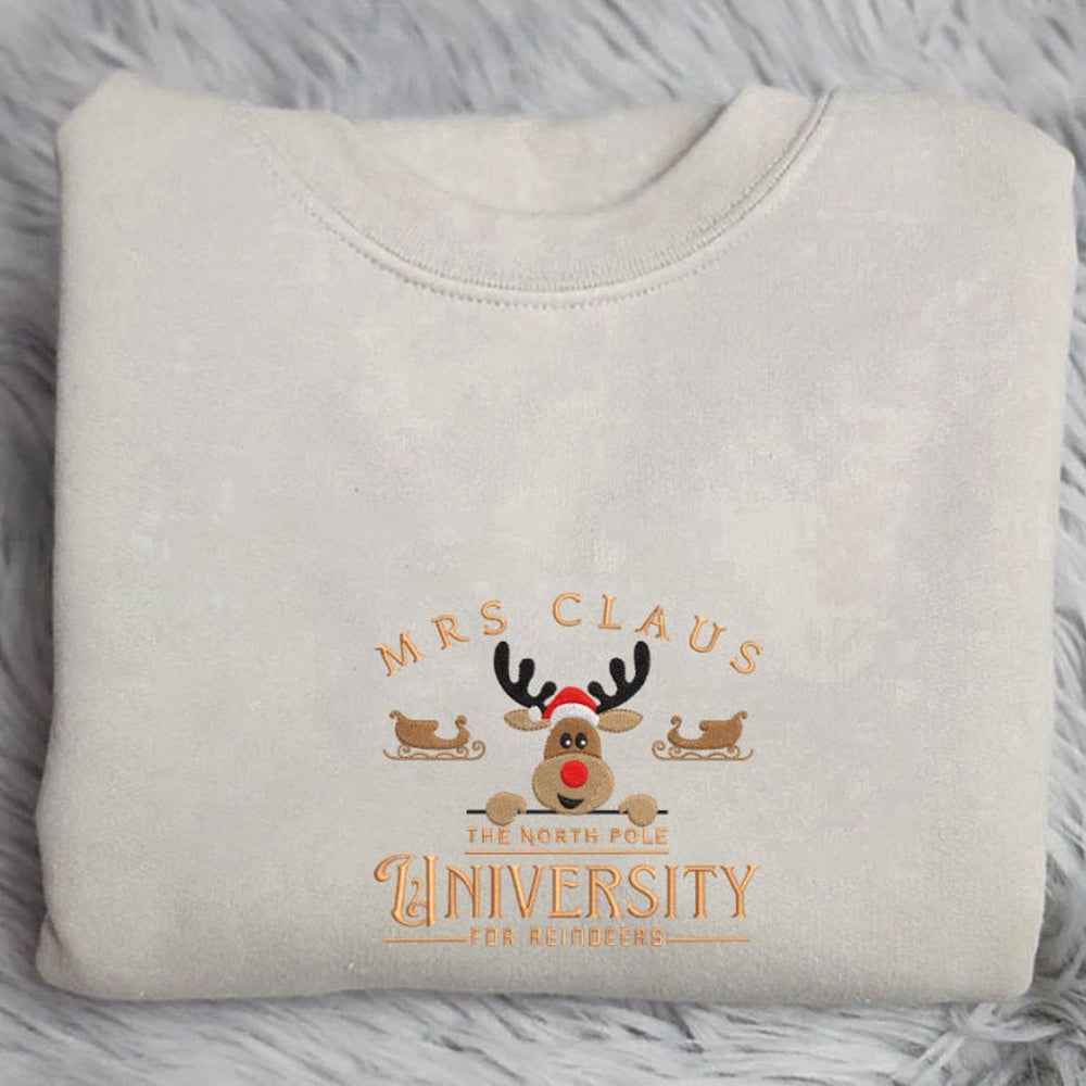 Eembroidered Custom Sweatshirts, Mrs Claus University For Reindeers Christmas Embroidery Sweatshirt For Family, Christmas Gift